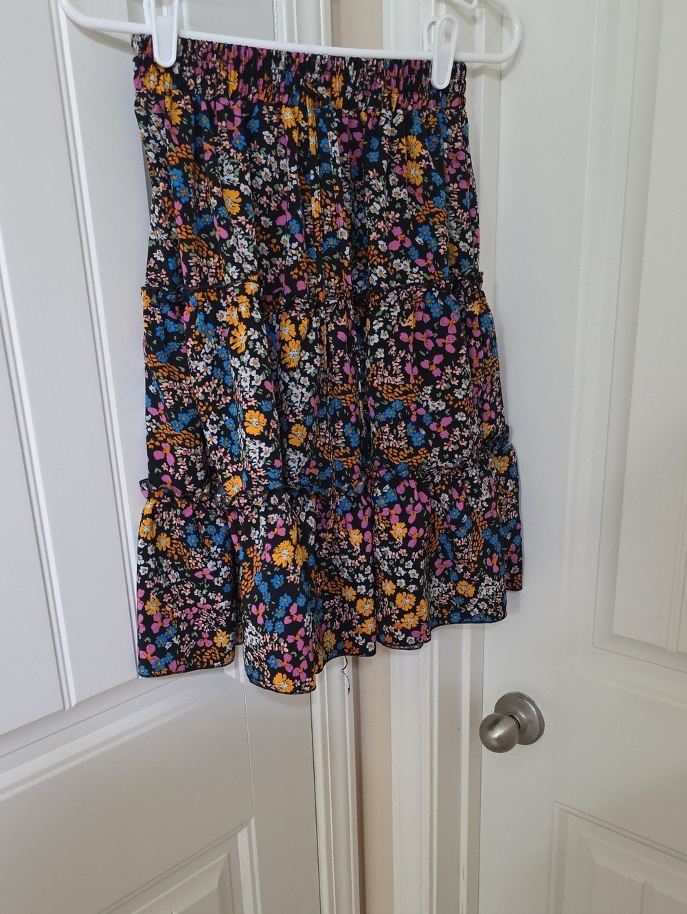 SHEIN Black Floral Tiered Skater Skirt with Pink Blue Yellow Accents